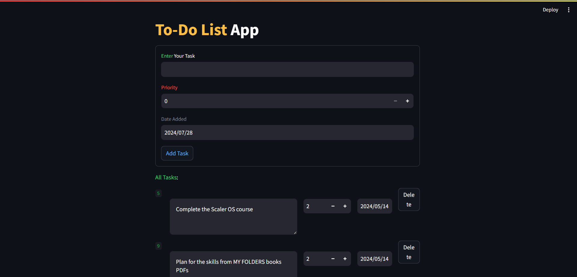 screenshot of the streamlit based to do list web app